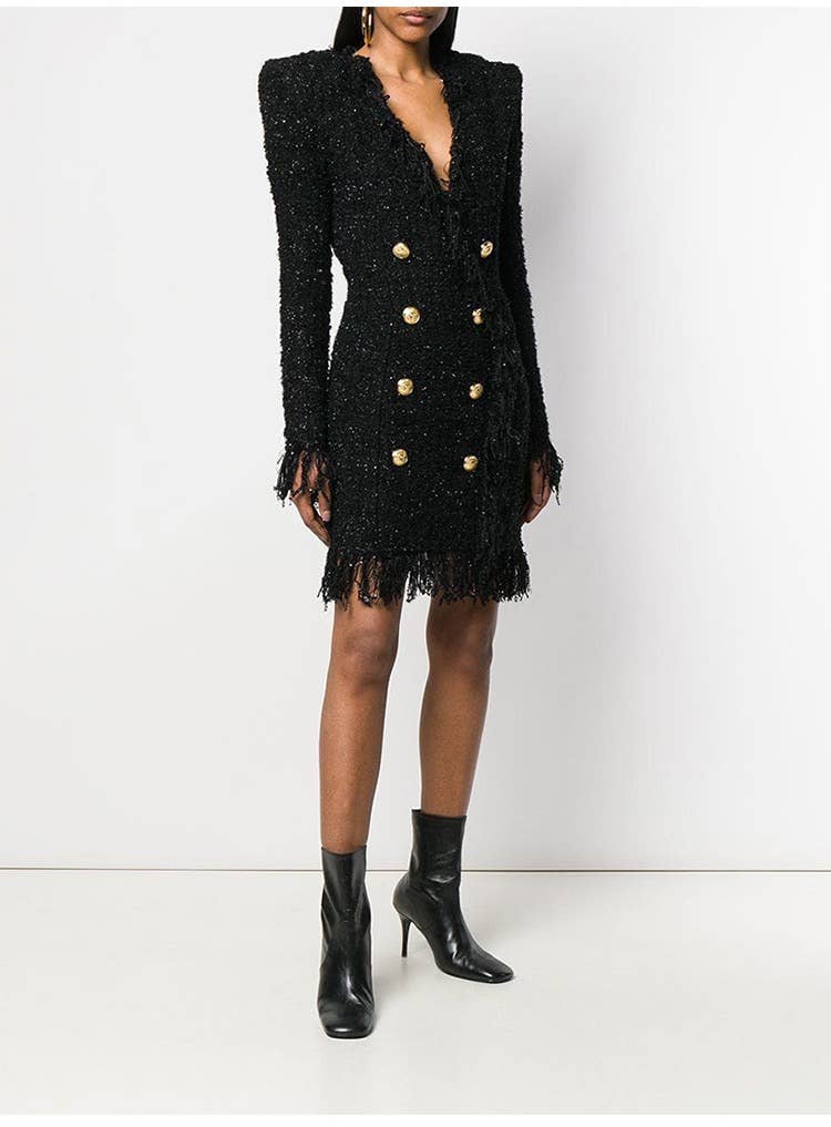 Svart DR061Y Glänsande tweed fransad klänning för kvinnor med tofs för wholesale på Faire4