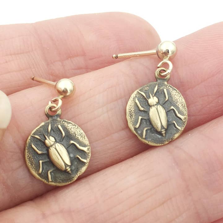 Brass and Gold Beetle Insect Coin Earrings for wholesale by Metal Cloth & Wood