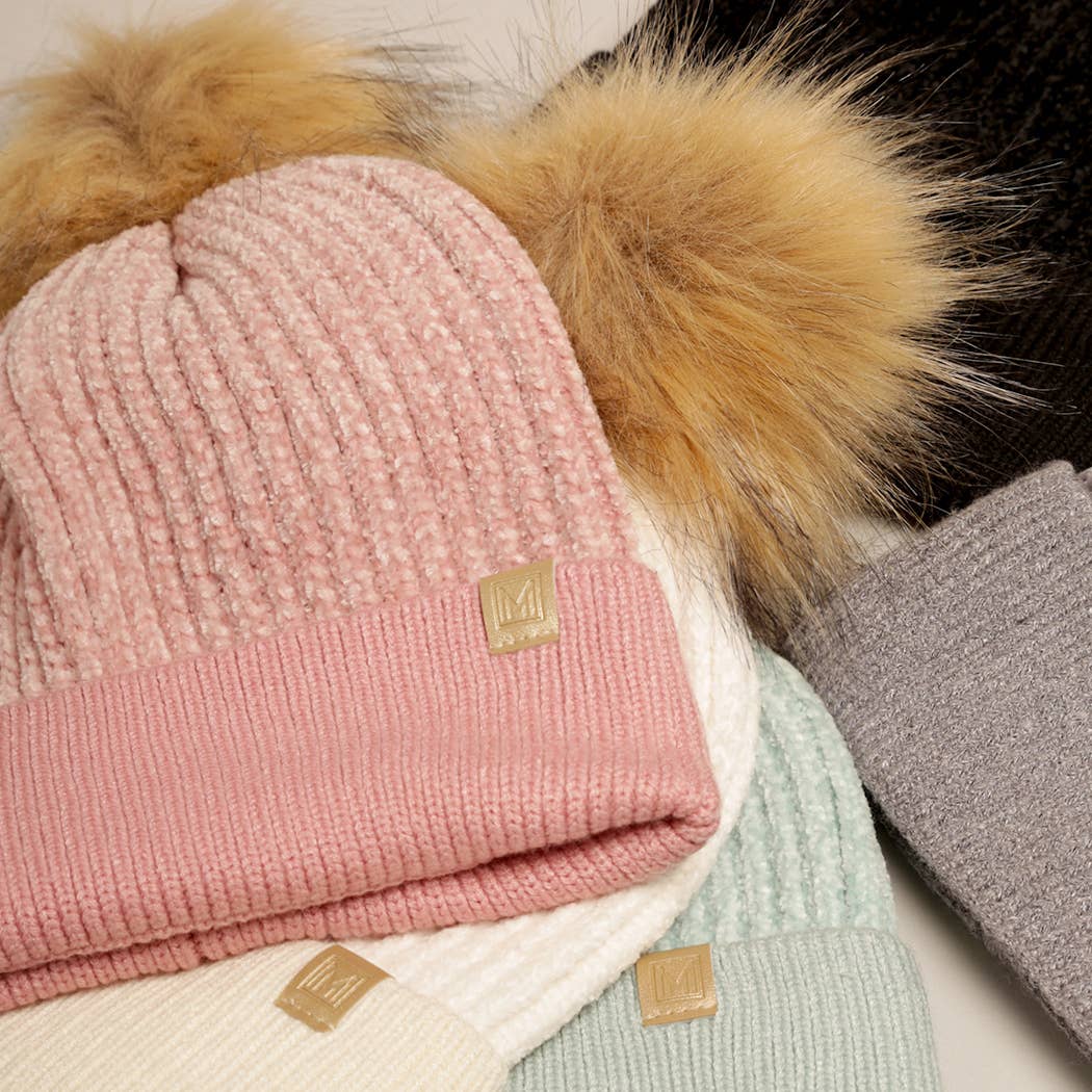 Fashion City - Wholesale Beanie - Women's - Winter Solid Chenille Cuff Beanie with Pom Pom13