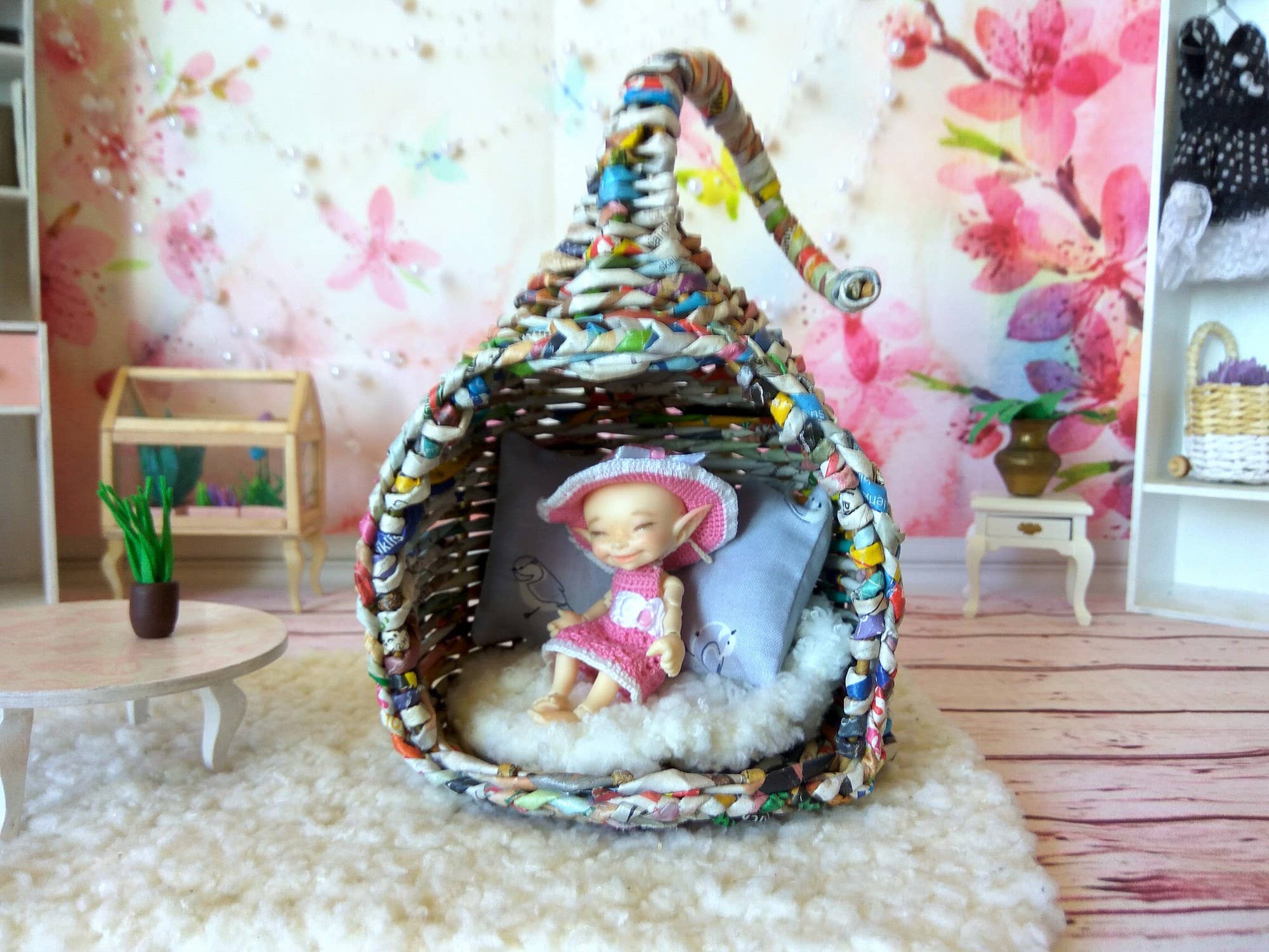 Lenasminiland - Vendita all'ingrosso Kit di accessori per bambole - Bambini - Sedia sospesa in miniatura a uovo in vimini per casa delle bambole8