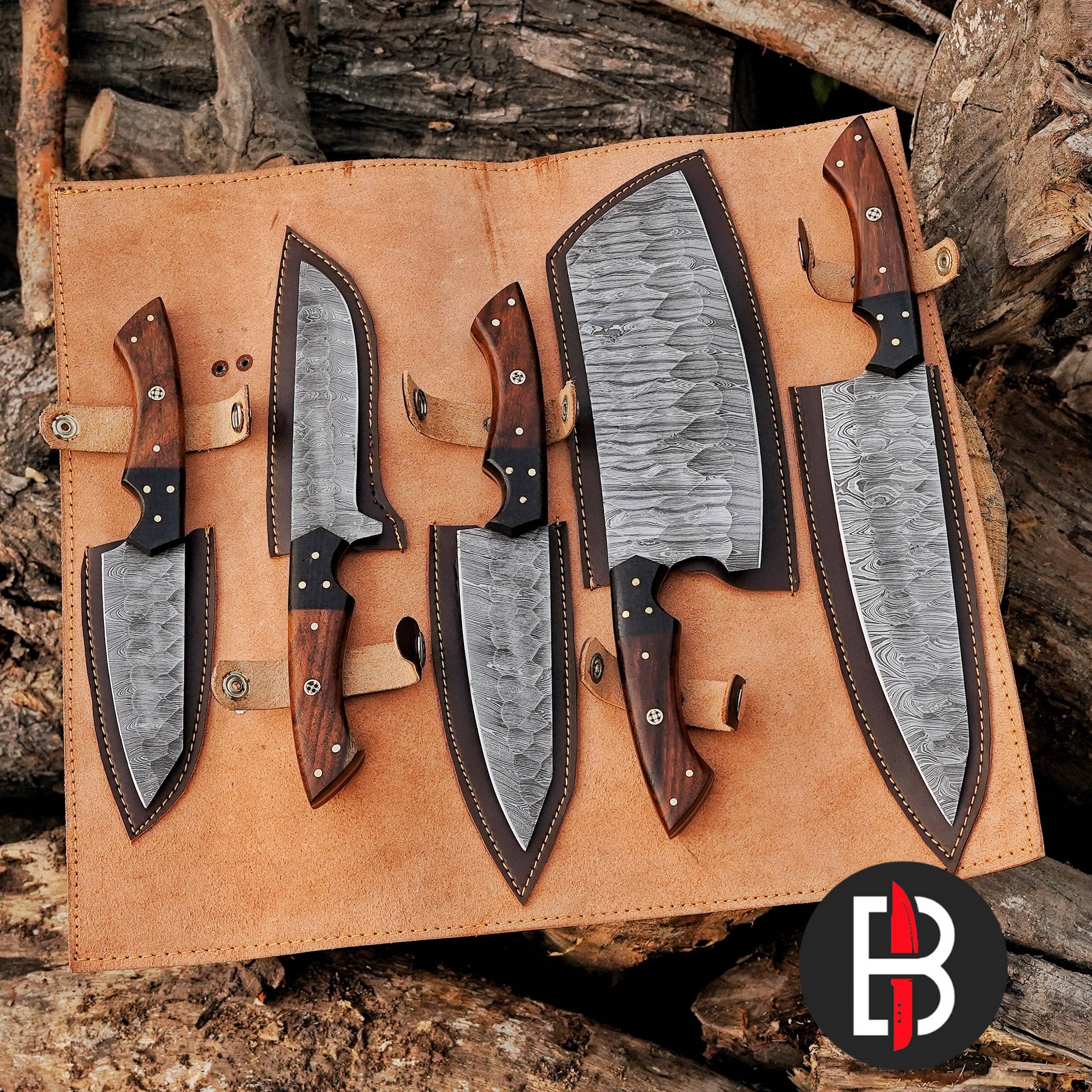Bravohandicrafts - Wholesale Knife set - Damascus Steel Chef Set Hand Forged BBQ 5 Pcs Kitchen Knives4