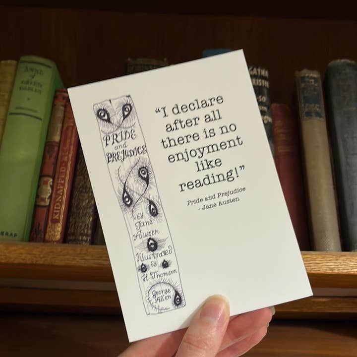 Pride and Prejudice quote "I declare after all there is no enjoyment like reading" book spine postcard for wholesale by Georgina The Librarian