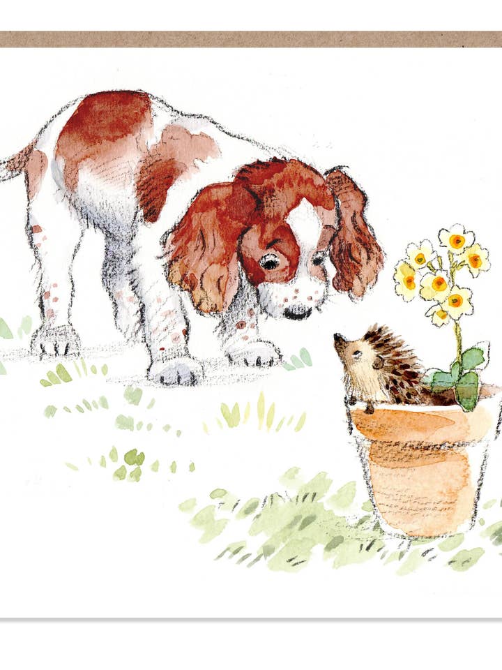 Carte pour chien mignon, vierge, épagneul Springer avec hérisson pour la vente par Paper Shed Design Ltd