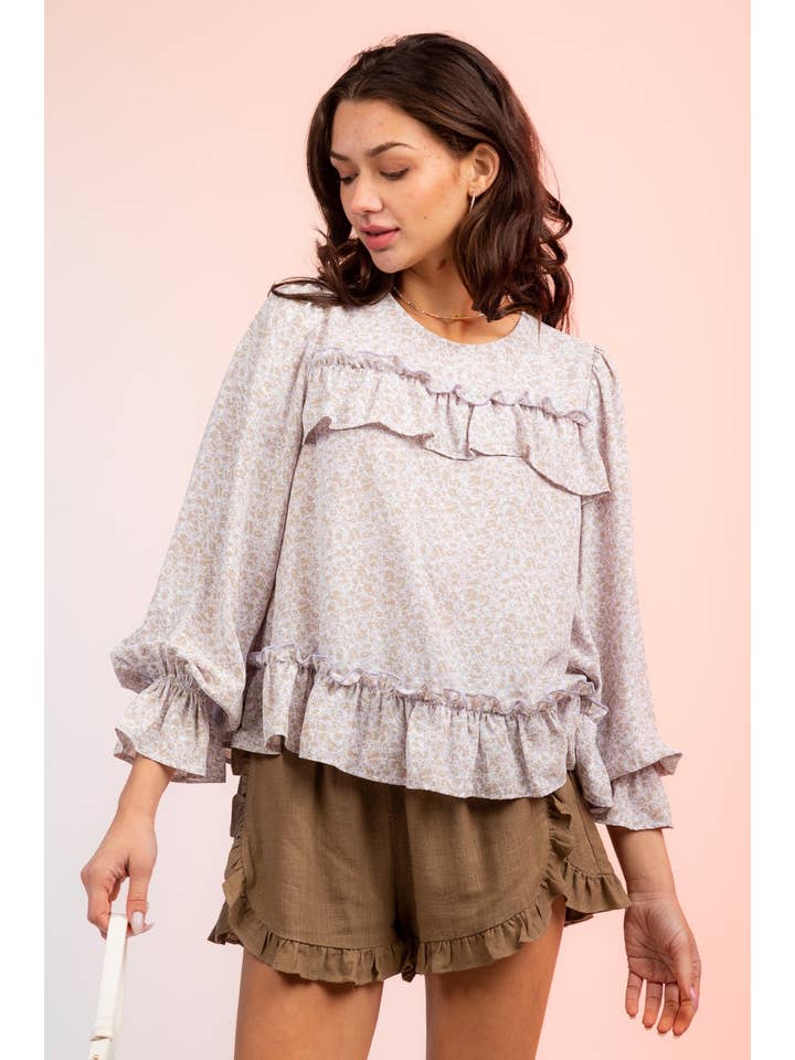 VERY J - Wholesale Blouse - Women's - VT15119-Floral Print Ruffle Blouse