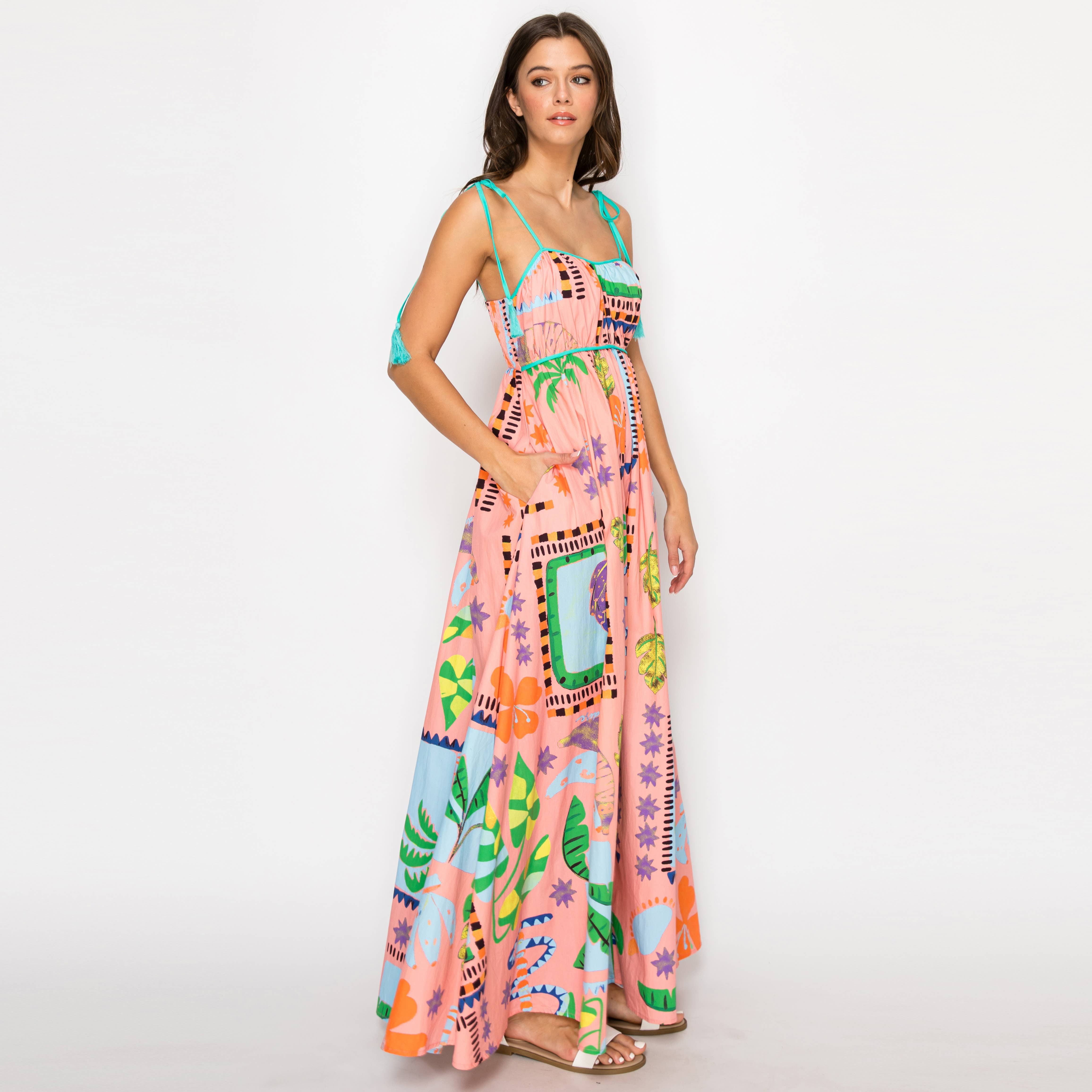 LoveWednesday - Wholesale Dress - Women's - Coral Retro Tropical Print Cotton Maxi Dress - LWD28992
