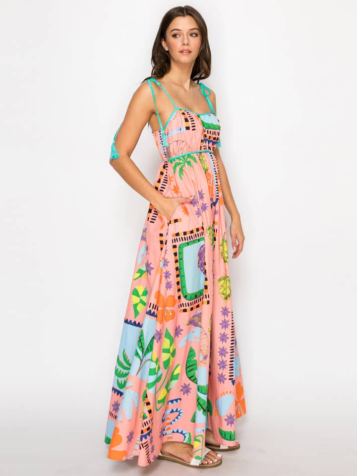 LoveWednesday - Wholesale Dress - Women's - Coral Retro Tropical Print Cotton Maxi Dress - LWD28992