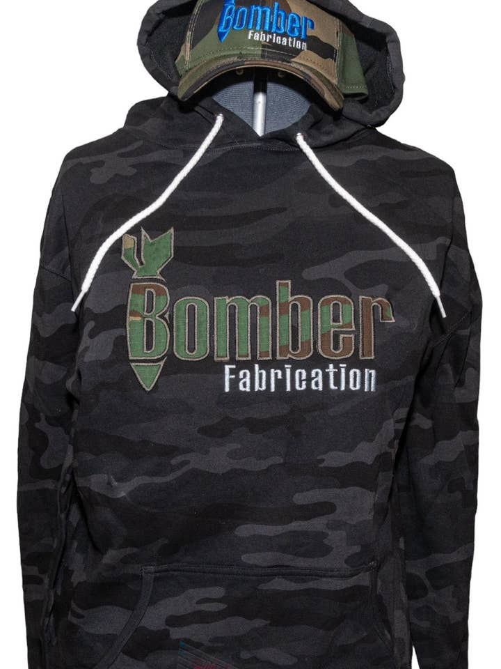 Bomber Fabrication Premium Applique Embroidered Camo Hoodie for wholesale by Battle Born Clothing and Print