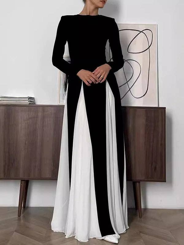 BLACK WHITE A-Line Long Sleeves Contrast Color Elasticity Pleated Split-Joint Round-Neck Evening Dresses Maxi Dresses for wholesale on Faire