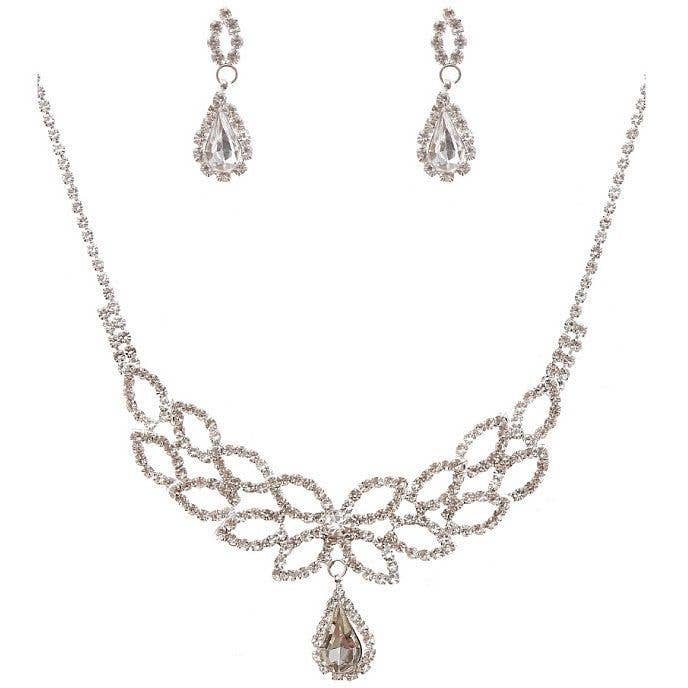 Leaves with Teardrop Rhinestone Necklace Set for wholesale by Diacly