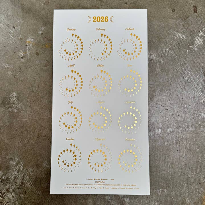 Margins Imprint - Wholesale Calendar - 2026 Moon Calendar Gold Foil on Pearl White - Small
