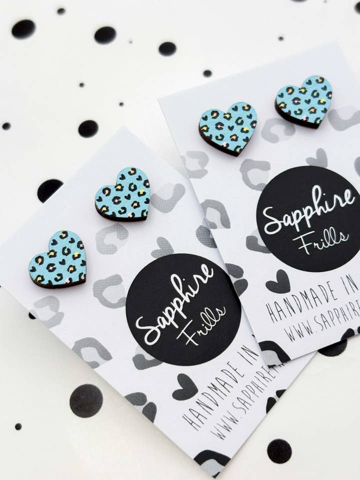 Small Turquoise Blue Rainbow Leopard Print Wood Heart Studs for wholesale by Sapphire Frills Ltd