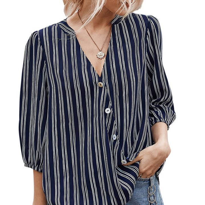 Gestreepte loose fit top met V-hals voor wholesale door Supreme Fashion