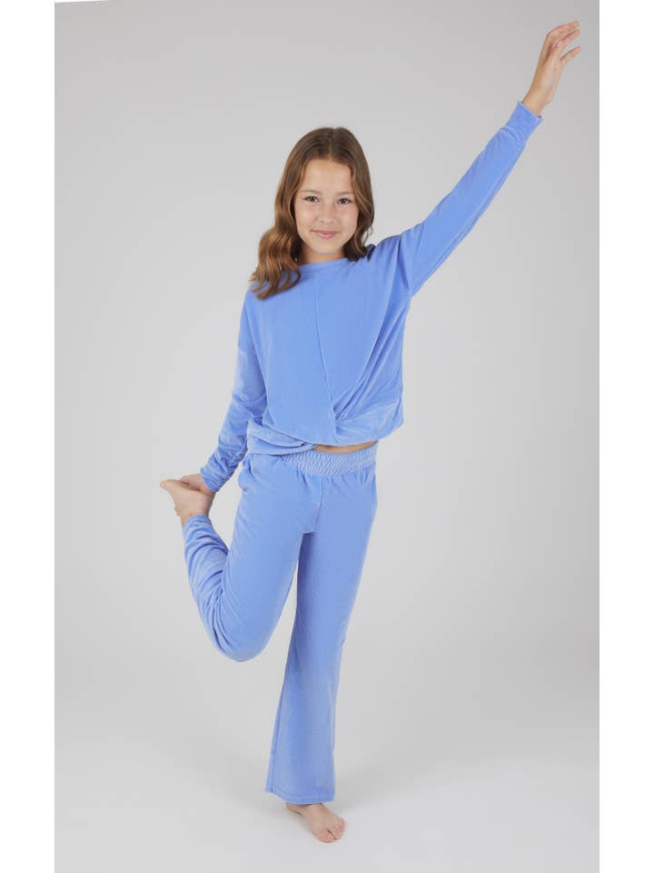 90 Degree by Reflex & Yogalicious - Wholesale Top & Pant Set - Kids - Girls Rib Velour Front Twist Sweatshirt and Wide Leg Pant 7