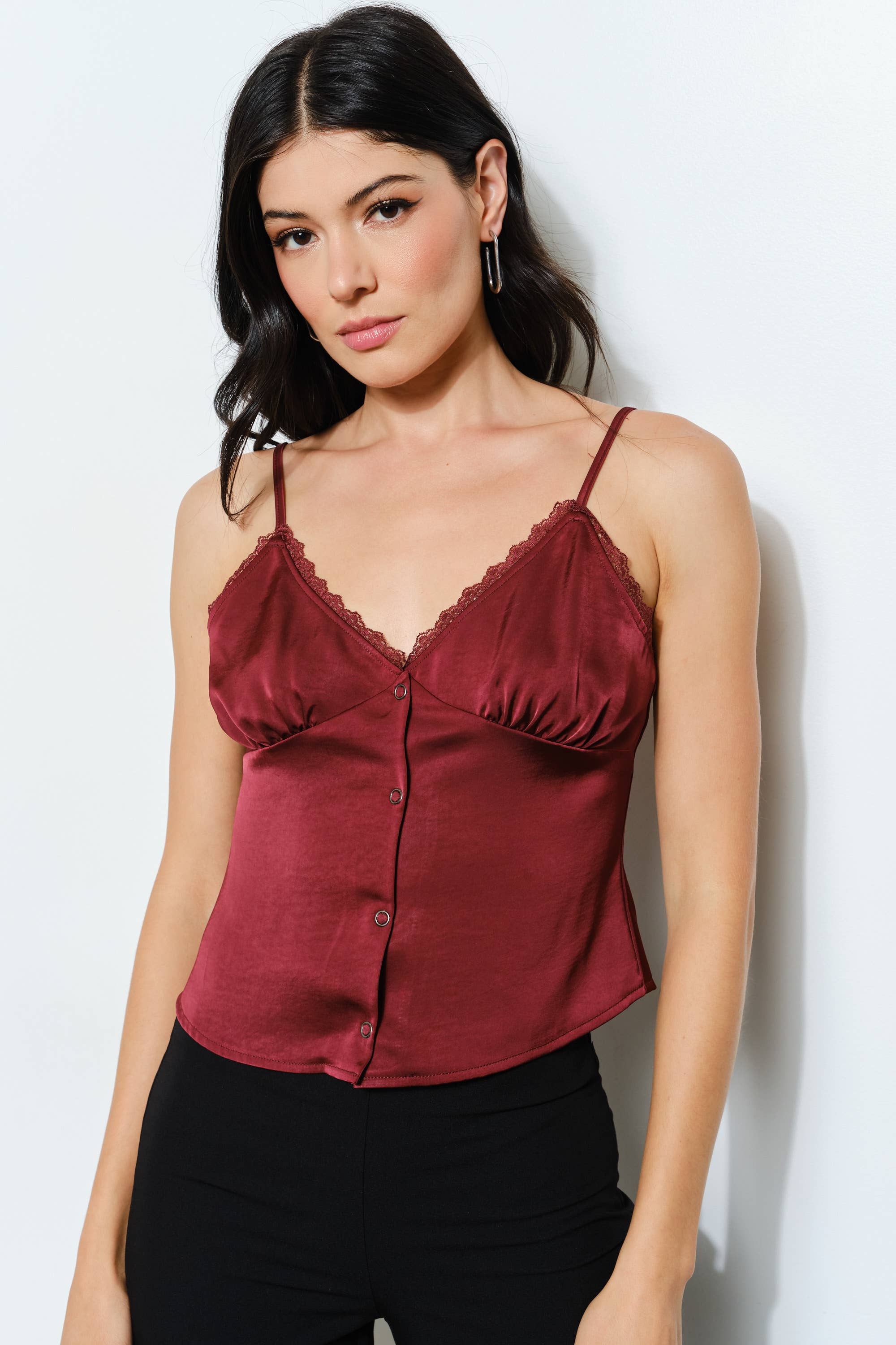 Burgundy DIANA SATIN CAMI - Trendy, Flirty, Feminine for wholesale on Faire