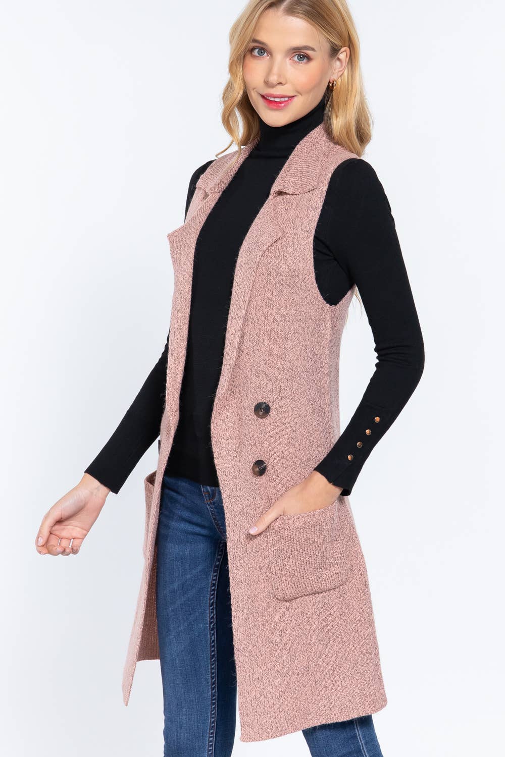 Active Basic | Active USA - Wholesale Outerwear Vest - Women's - Sleeveless Notched Collar Long Sweater Vest2