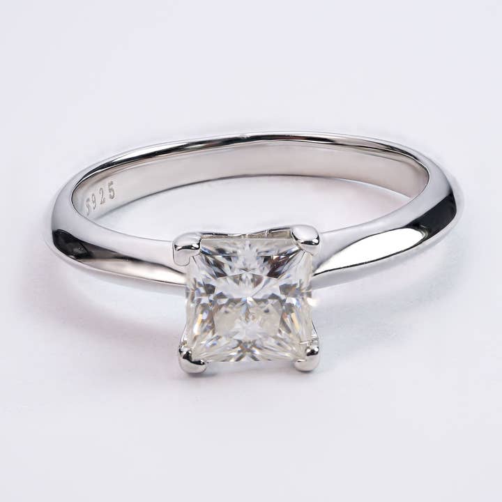 Princess Cut Moissanite Solitaire Ring in 925 White Gold Plated Silver for wholesale by Sparkile
