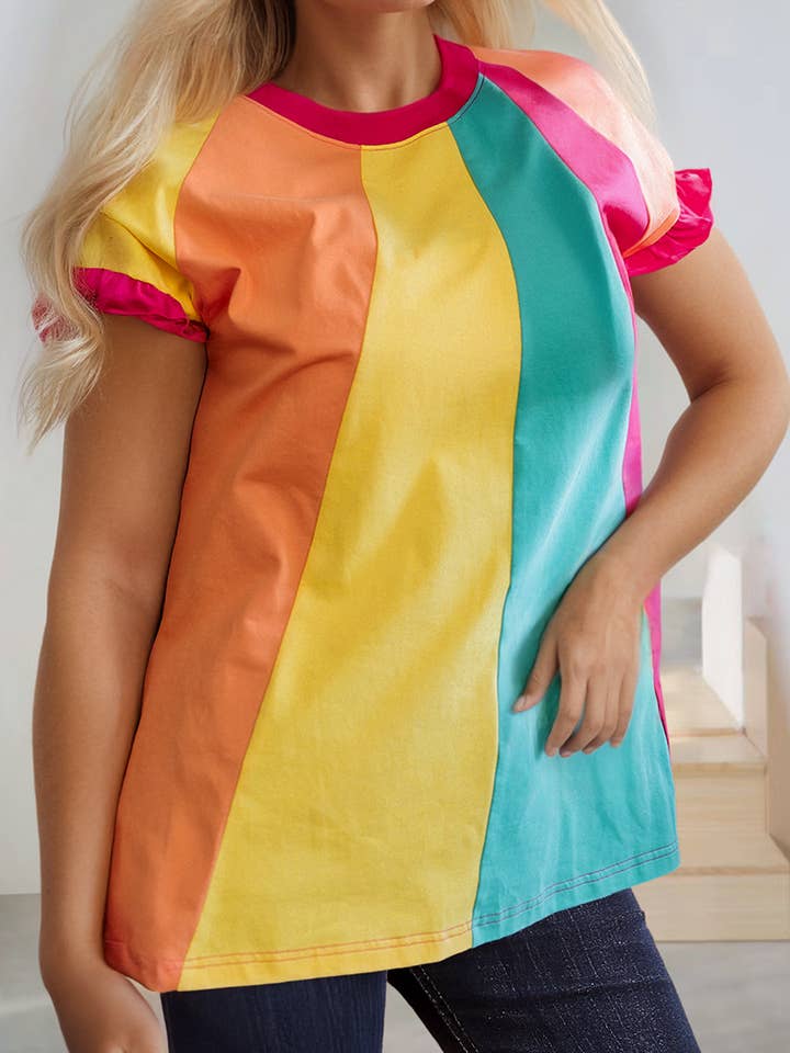 Color Block Ruffled Crew Neck Loose Fit T Shirt (S-XL) for wholesale by 66DISCO