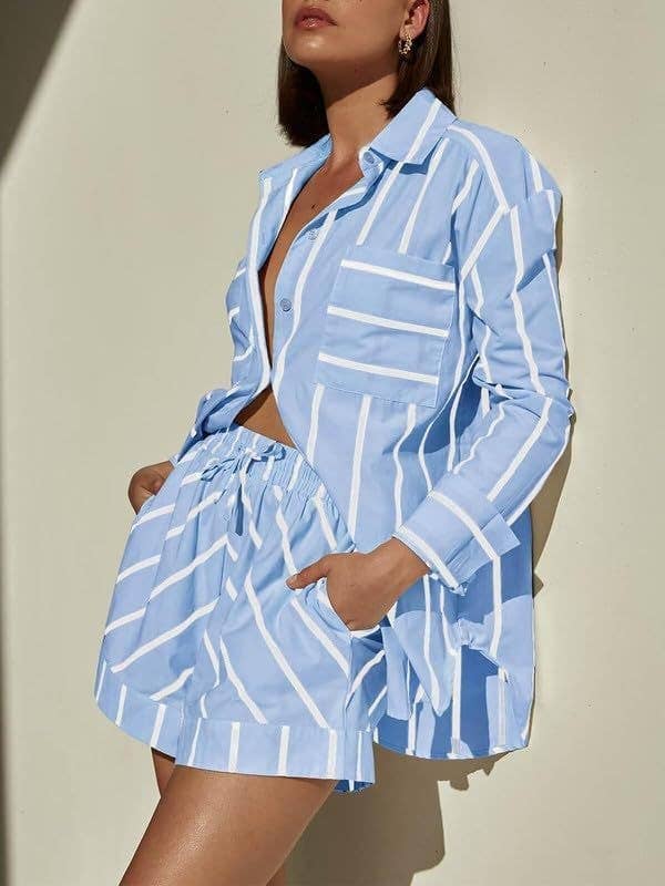 HIDDENBRAND - Wholesale Top & Short Set (NOT Loungewear) - Women's - Smart Casual Striped Contrasting Shirt Shorts Set