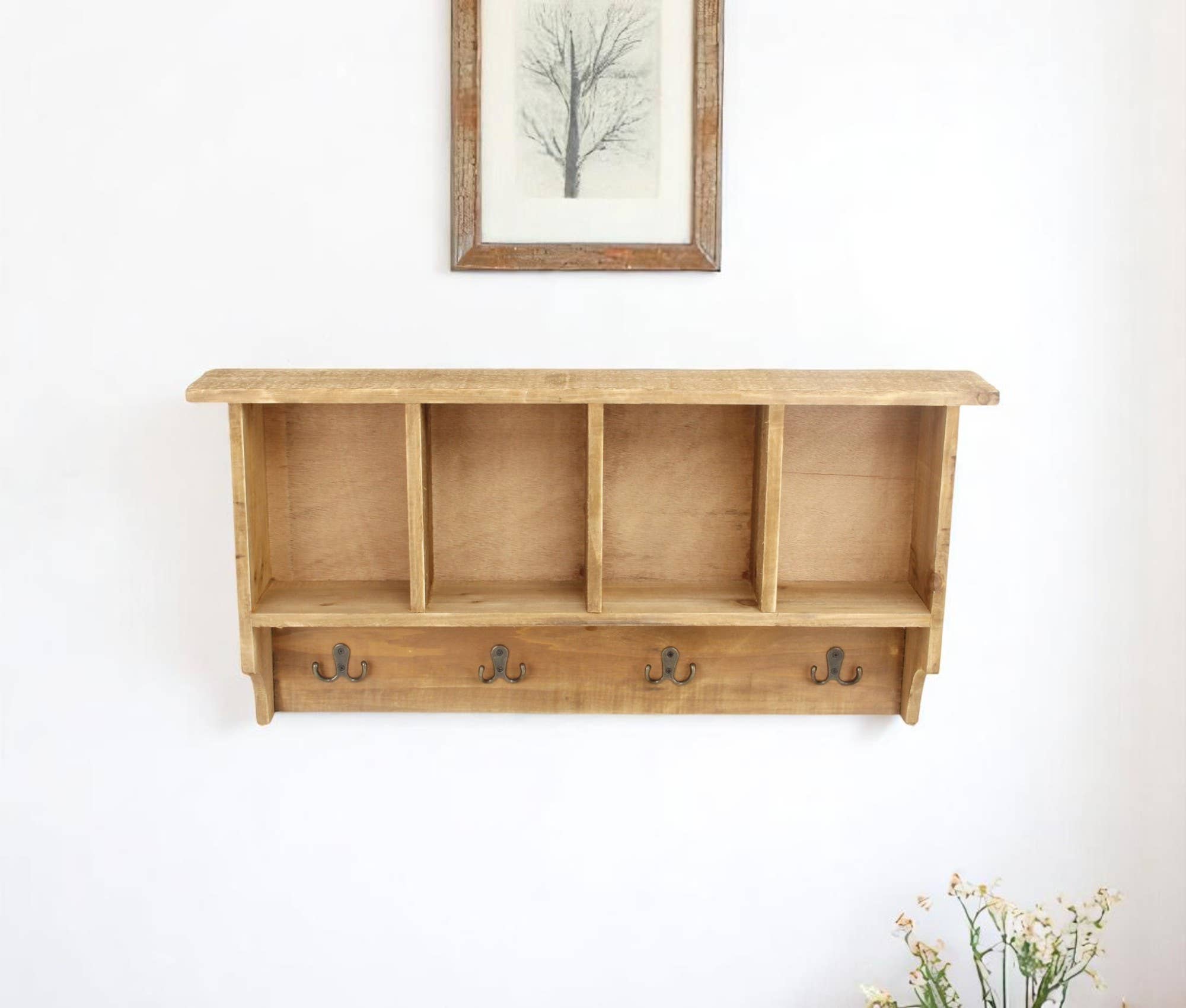 HomeRoots - Wholesale Coat rack - 30" Natural Wood Four Hook Wall Mount Coat Rack