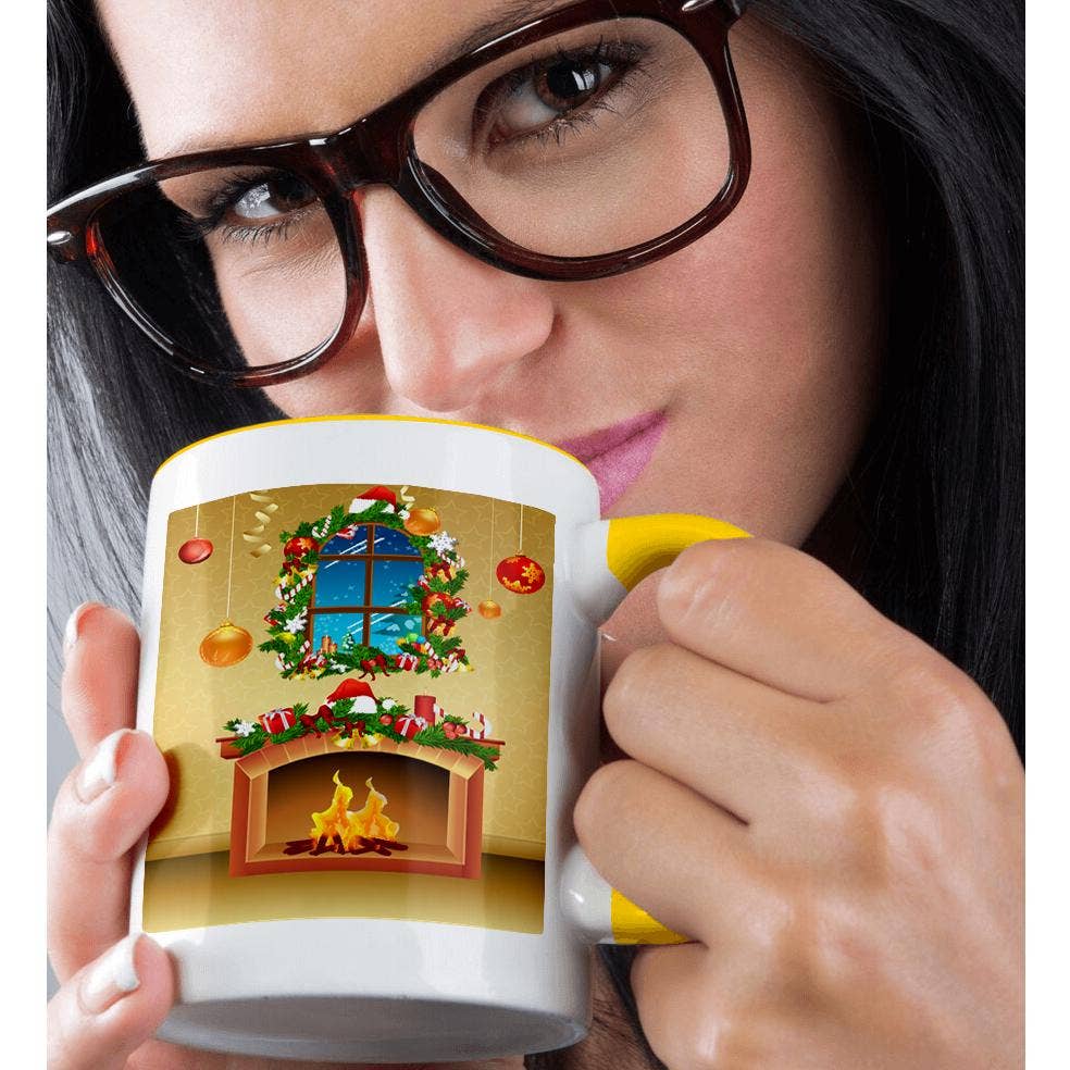 3dRose - Wholesale Coffee Mug - 3dRose, Christmas Scene In A Living Room With A Fireplace and Wreath Decorated Window, Mug1