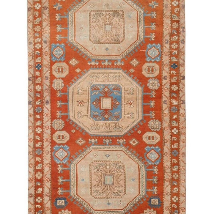 Tappeto caucasico vintage - Tappeto di lana di colori rosa e blu morbido 4'1 «X 7'2" per la vendita all'ingrosso da parte di Vintage Pillows Store