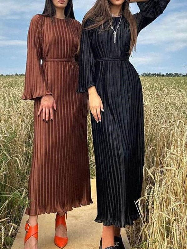 StyleGalX - Vente Robe – femme - Robes maxi à col rond plissées à manches longues et manches évasées de couleur unie4