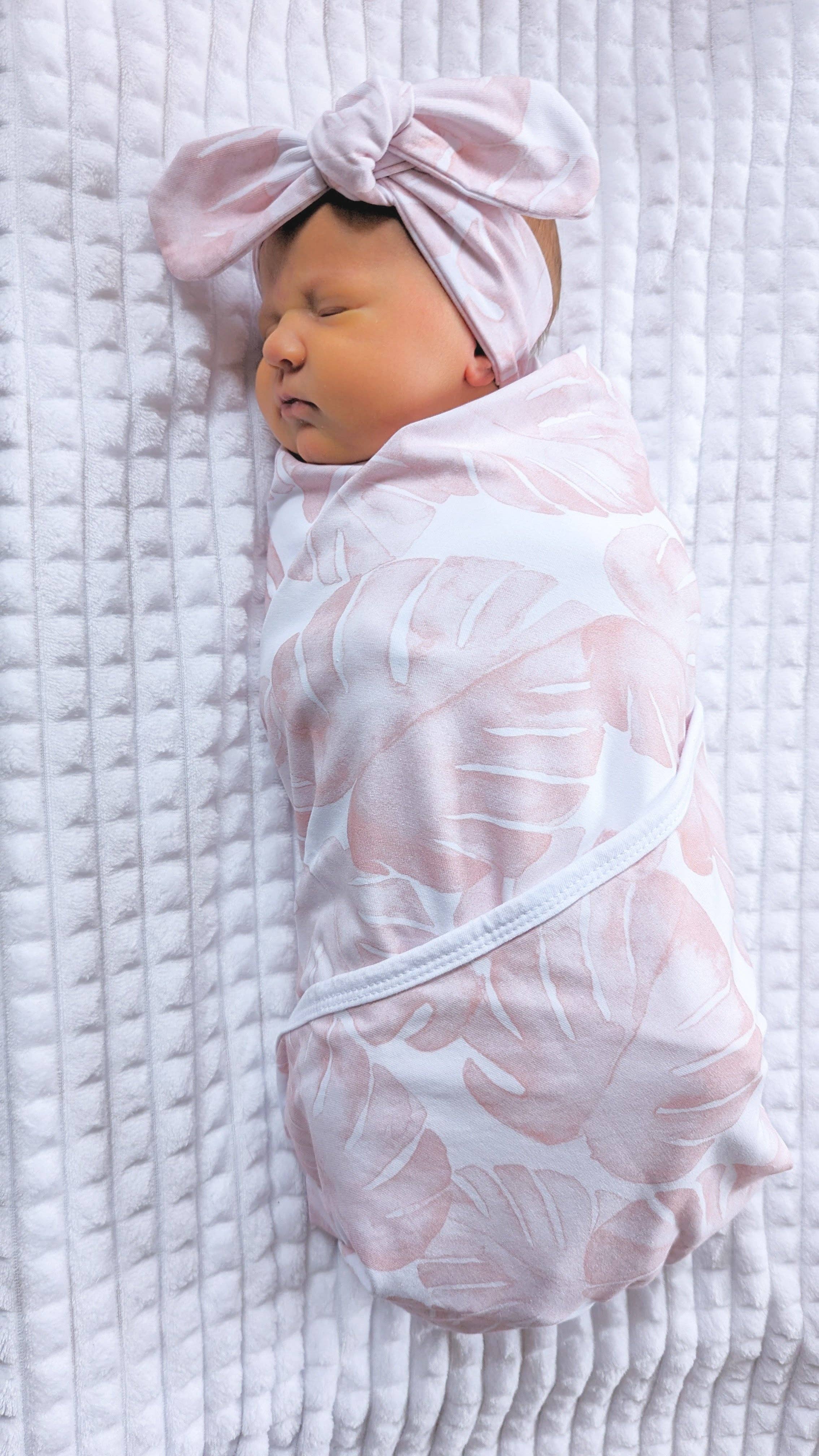 Minky Myles - Wholesale Swaddle Set - Baby - Pink palm blanket with headband - swaddle set1