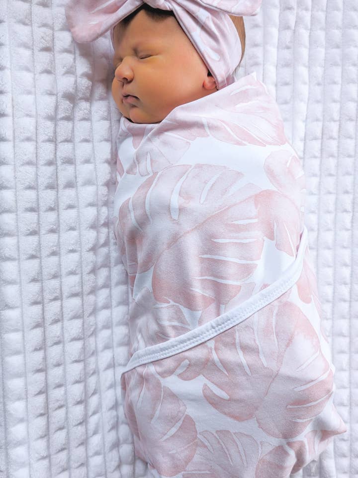 Minky Myles - Wholesale Swaddle Set - Baby - Pink palm blanket with headband - swaddle set1