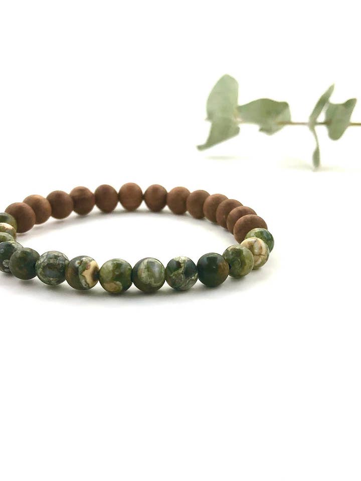 Rainforest Jasper (Rhyolite) and Sandalwood Beaded Bracelet, Crystal Gemstone Jewelry, Energy Healing, Heart Chakra, Yoga Gift for Him for wholesale by Peace Within Co.