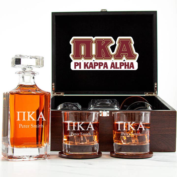 Pi Kappa Alpha Decanter Set With Dark Brown Wood Gift Box for wholesale by MB Brands Inc