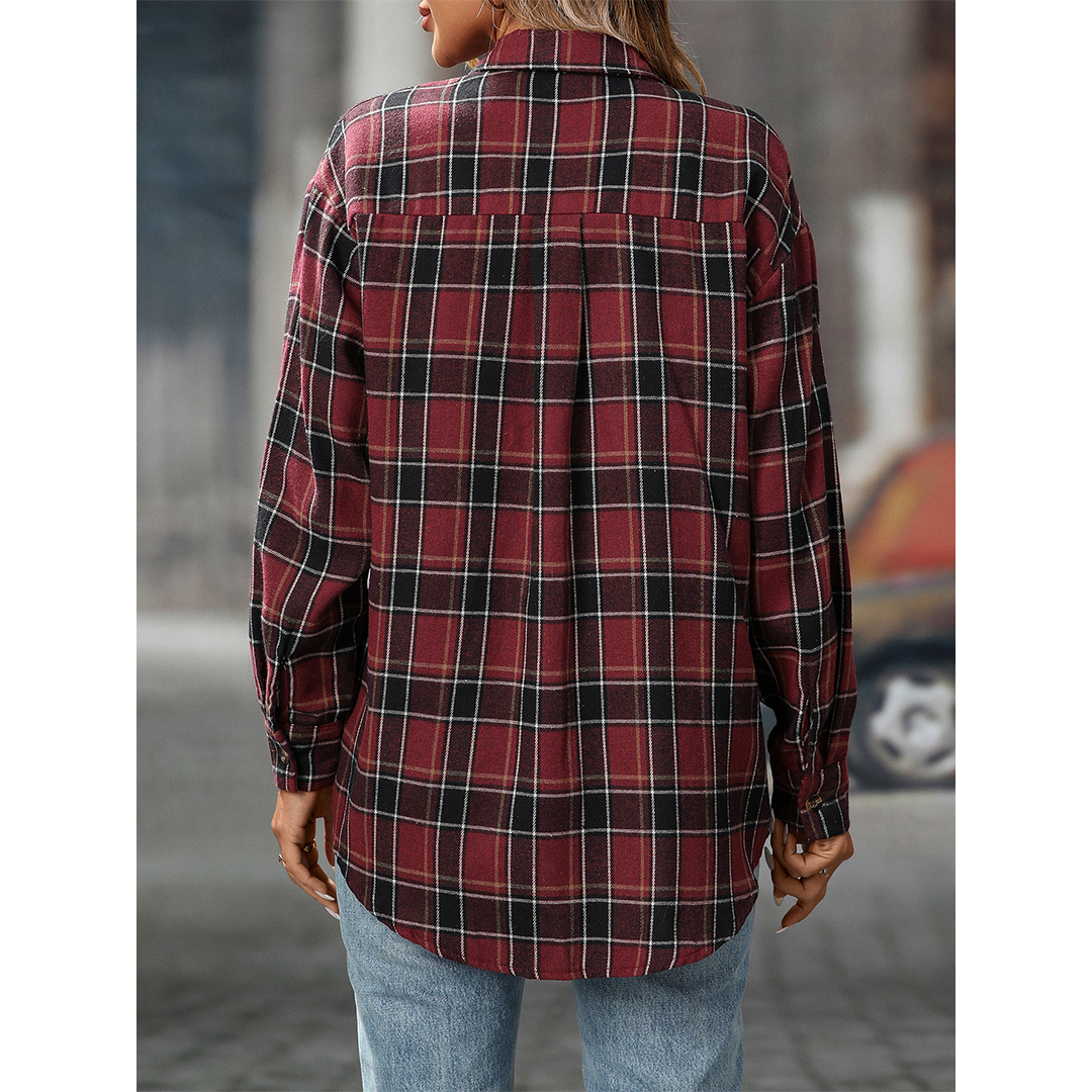 UNISHE - Wholesale Shirt - Women's - Casual Loose Fit Plaid Pockets Button-Down Shirt MD2137
