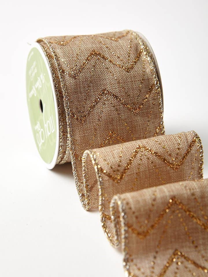2.5" Gold Glitter Chevron Ribbon -15ft Retail Size Roll for wholesale by May Arts Ribbon