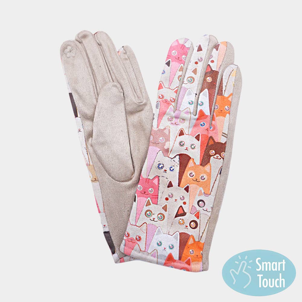 Sensibling Corp. - Wholesale Gloves - Women's - Playful Cat Face Pattern Printed Smart Touch Gloves