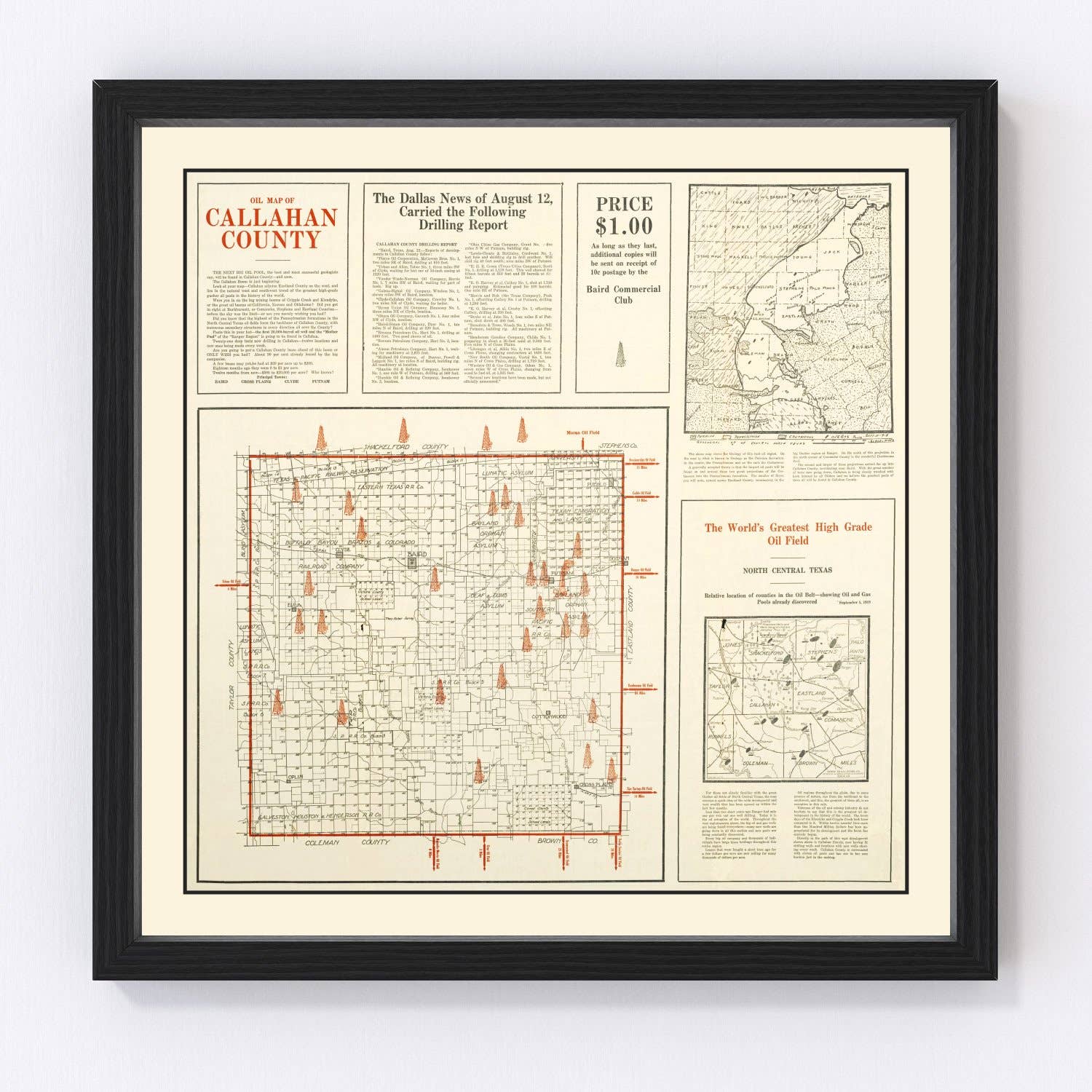 Ted's Vintage Art - Wholesale Map - Vintage Map of Callahan County, Texas 19190