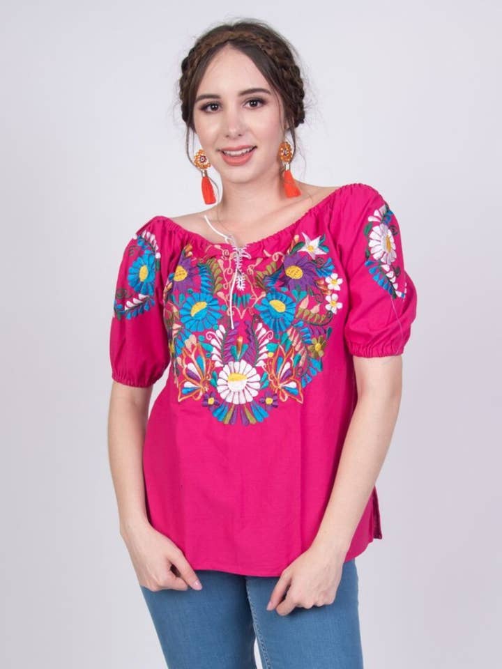 HotPink Tecali Embroidered Hot Pink Top for wholesale on Faire