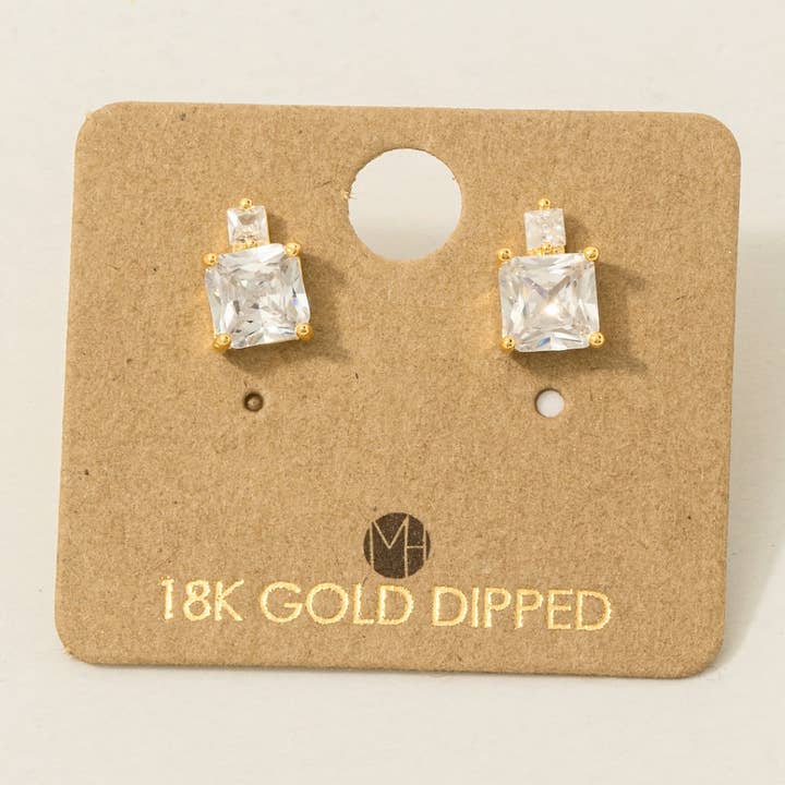 Fame Accessories - Wholesale Stud/Post Earrings - Gold Dipped Square Rhinestones Stud Earrings