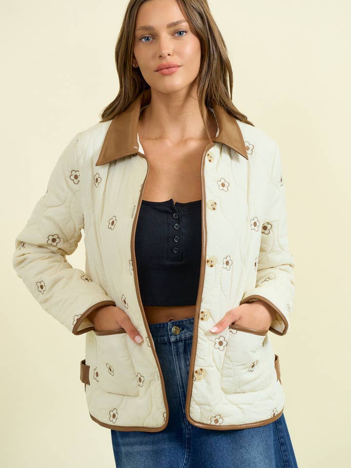 LEATHER COLLAR FLORAL EMBROIDERY QUILT JACKET - 10719J for wholesale by Doe and Rae