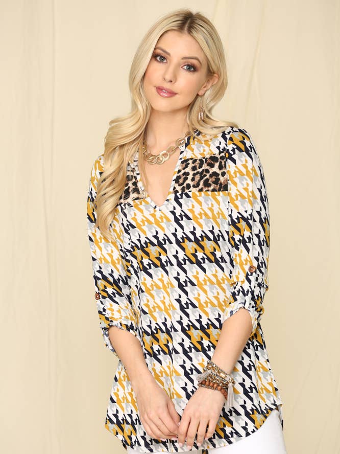 WOMEN'S HOUNDTOOTH TOP WITH ANIMAL PRINT CONTRAST for wholesale by Celeste Clothing