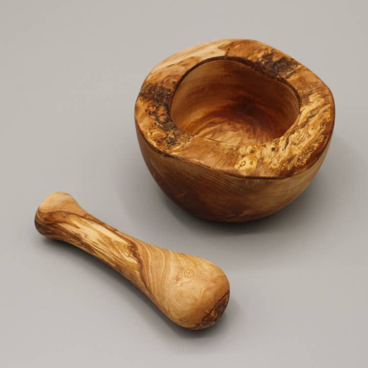 Mortar with pestle made of olive wood, rustic, Ø 12 cm for wholesale by DAGDEG