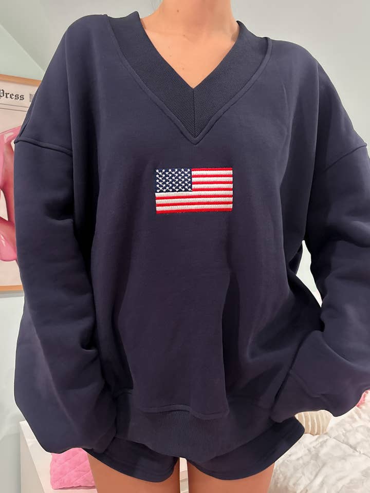 Navy Blue American Flag Embroider V-Neck Sweatshirt for wholesale by Sunkissed Coconut
