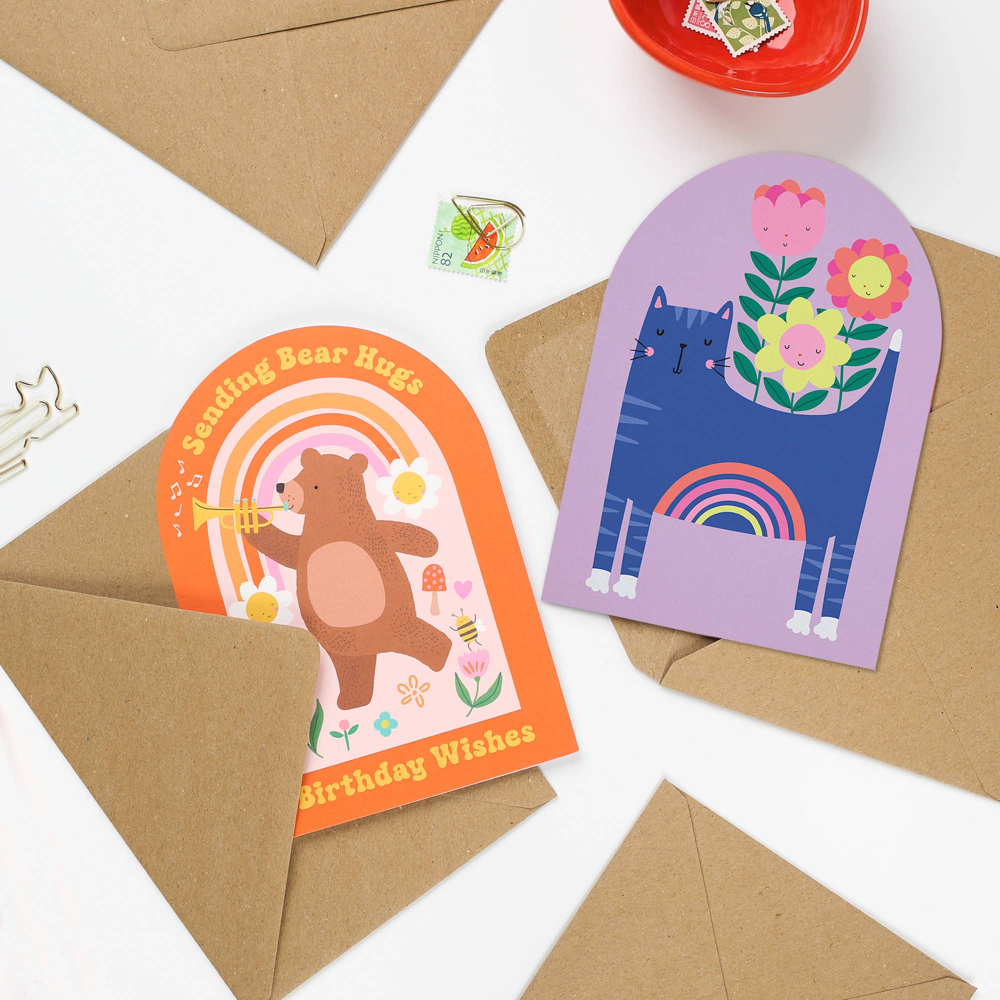 Mifkins – wholesale Birthday card – Whimsical Bear Hugs Birthday Card with Rainbow and Flowers7