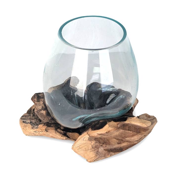Terrario in vetro soffiato, Vaso in vetro boho, Legno con ciotola in vetro, Mini acquario per la vendita all'ingrosso da parte di baligood