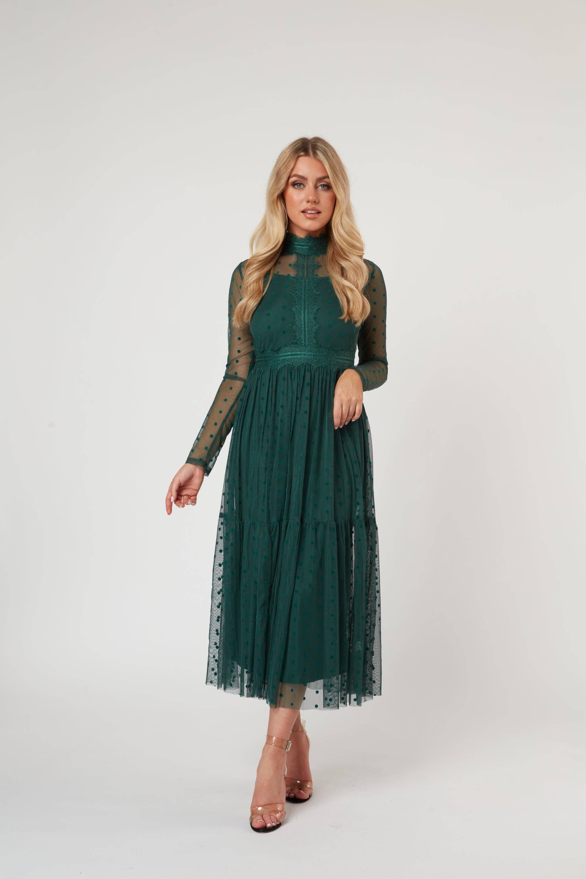 Roman Lola Polka Dot Tulle Midi Dress in Green for wholesale on Faire7