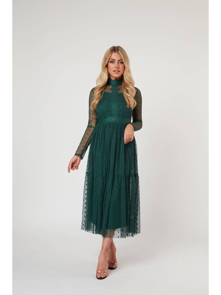 Roman Lola Polka Dot Tulle Midi Dress in Green for wholesale on Faire7