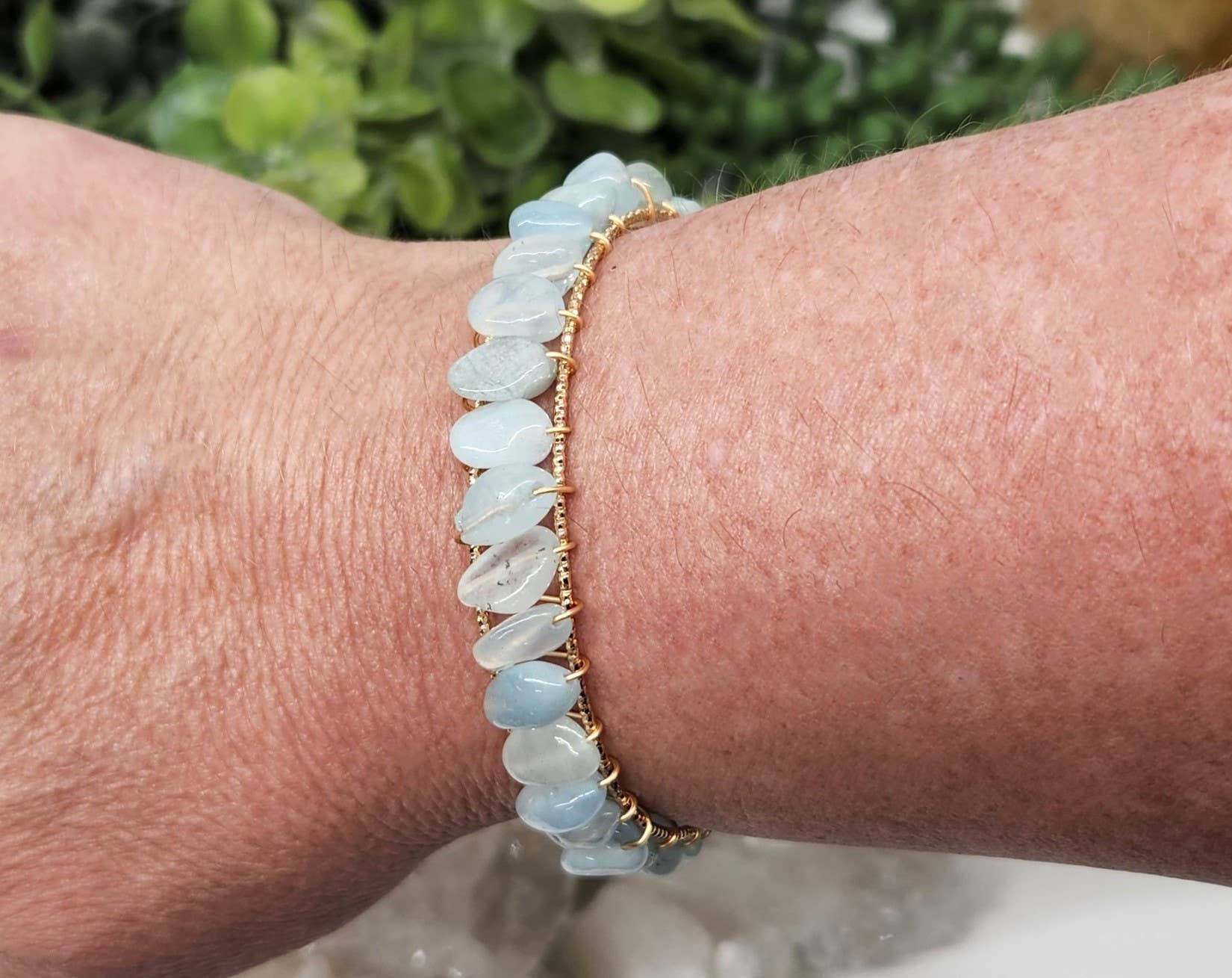 Meraki Gemstones - Wholesale Cuff Bracelet - Aquamarine Bangle/Cuff Wire Wrapped  -18kt. Gold Overlay8