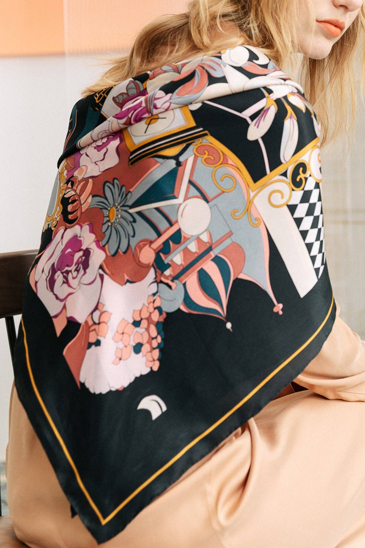 Noir "Vintage Blooms" Large Silk Square Scarf - Black & Purple for wholesale on Faire2