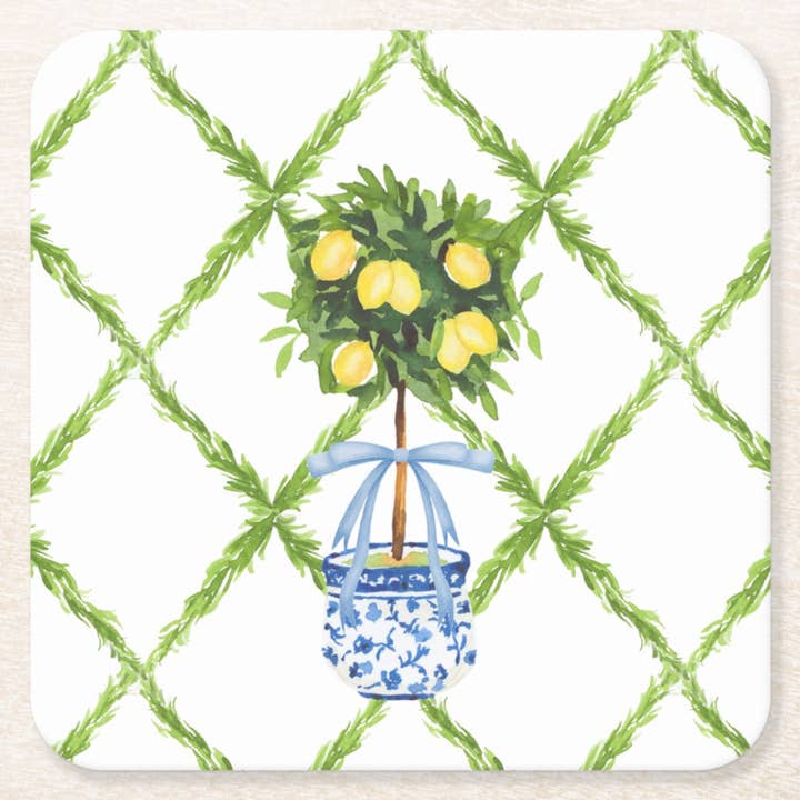 Design Carolinas - Wholesale Disposable Coasters - Chinoiserie Lemon Topiary Tree Paper Coaster Set of 8