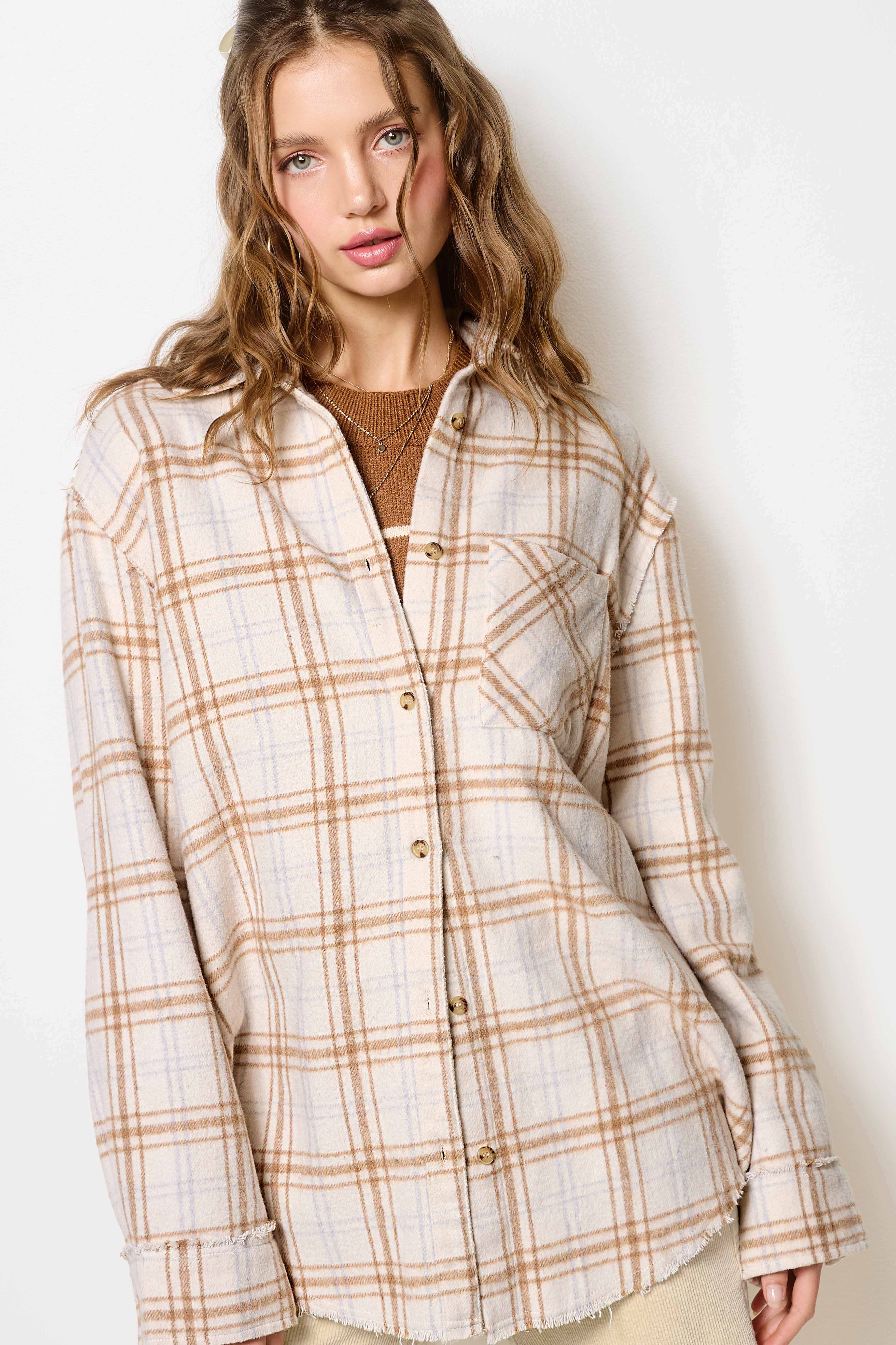 La Miel - Venta al por mayor Camisa con botones - Mujer - Camisas a cuadros de tela suave con botones lavados con minerales SRT1371-Mineral7