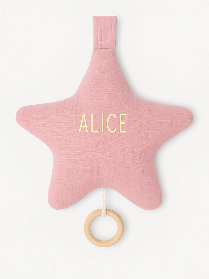 Personlig stjärnformad speldosa för bebis i rosa bomullsgaze för wholesale av MAZZANNE