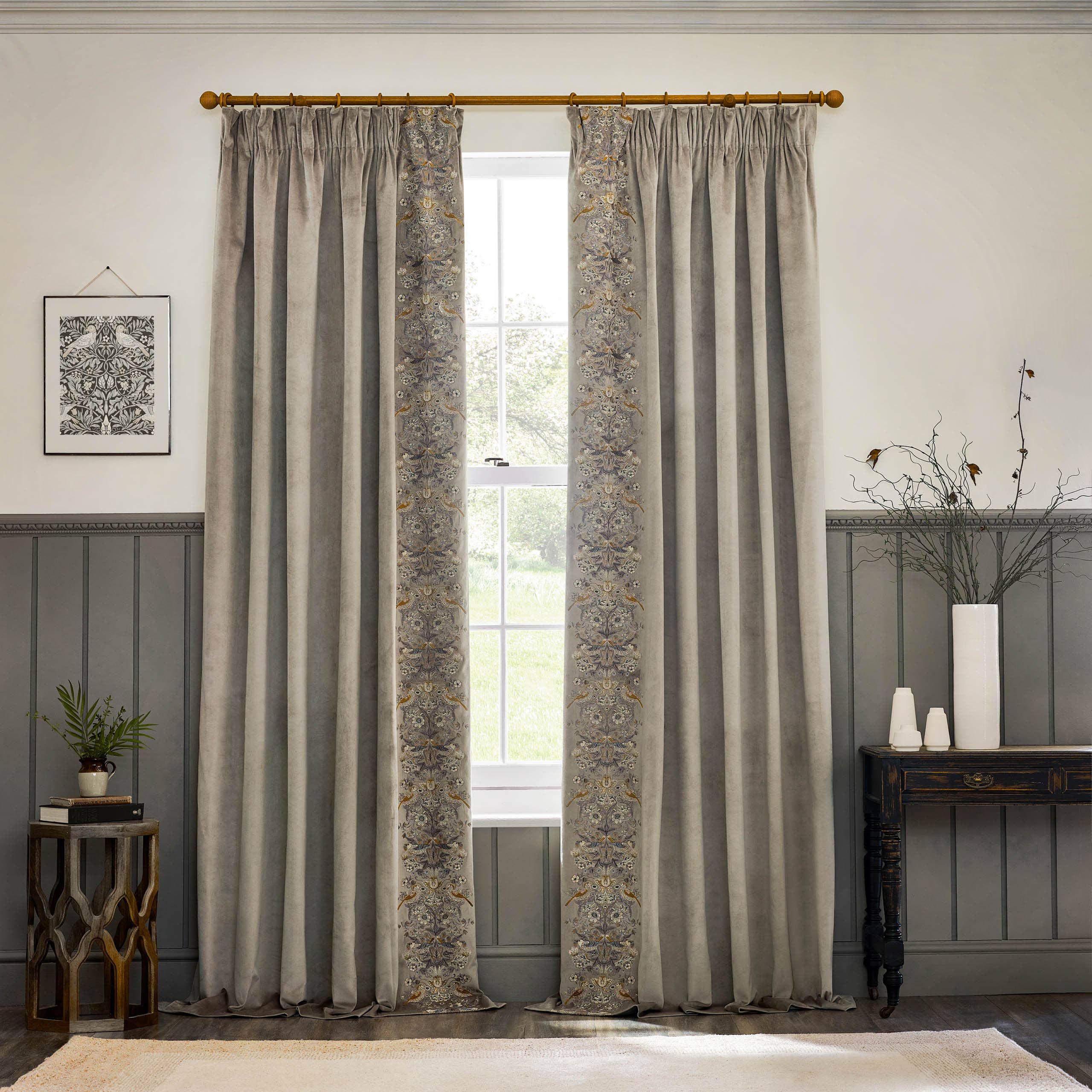 Strawberry Thief Velvet Pencil Pleat Curtains Biscuit for wholesale on Faire6